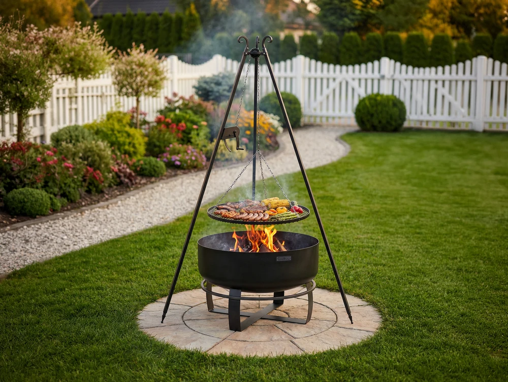 COOK KING fire bowl with a tripod and grate in the garden