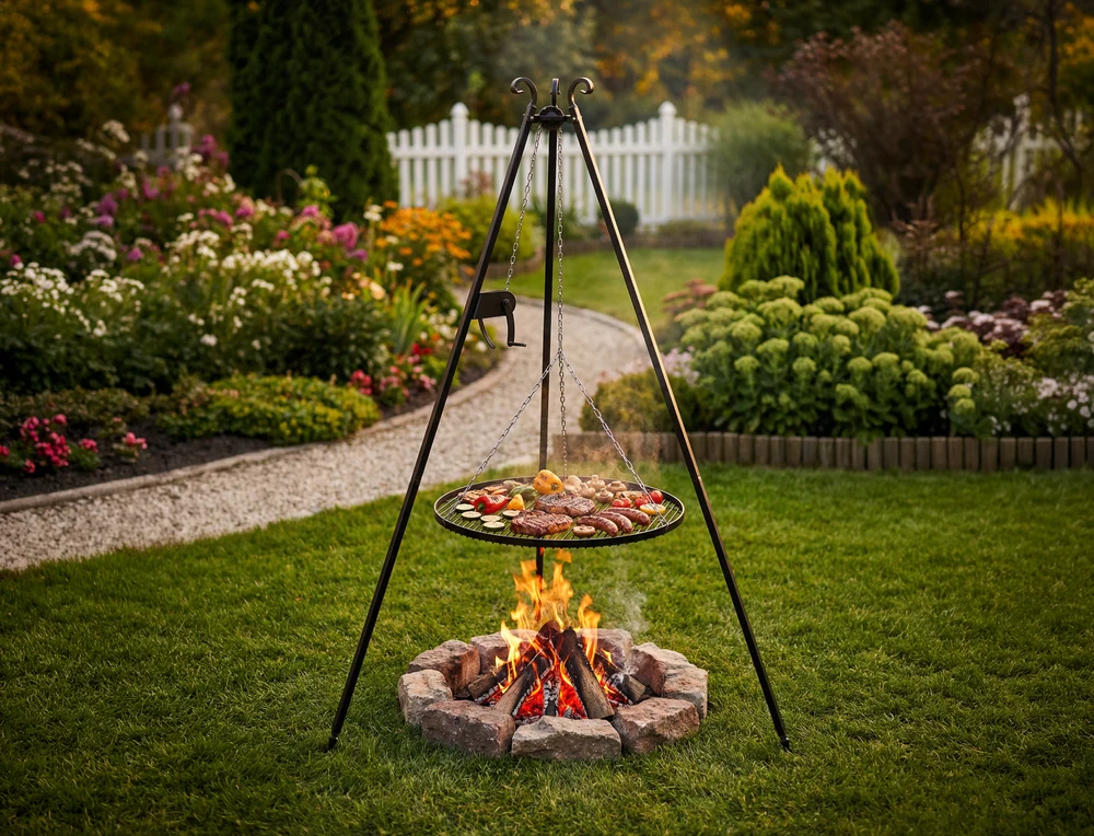 COOK KING tripod grill with a grate over a fire in the garden