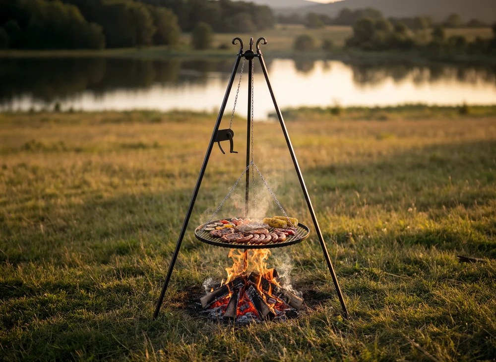 COOK KING tripod grill with meat over a fire at sunset