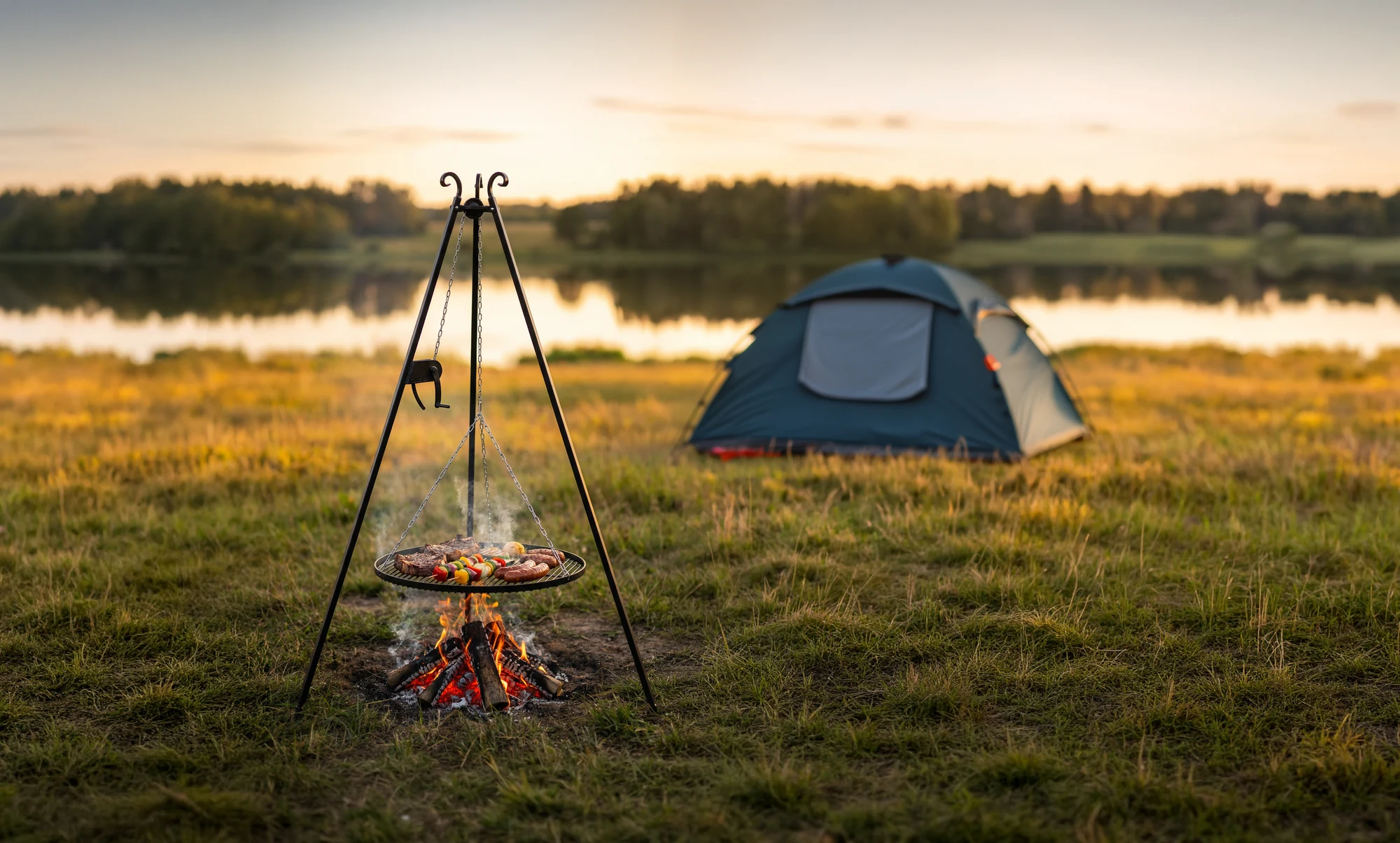 COOK KING tripod grill over a campfire by a lake at dusk